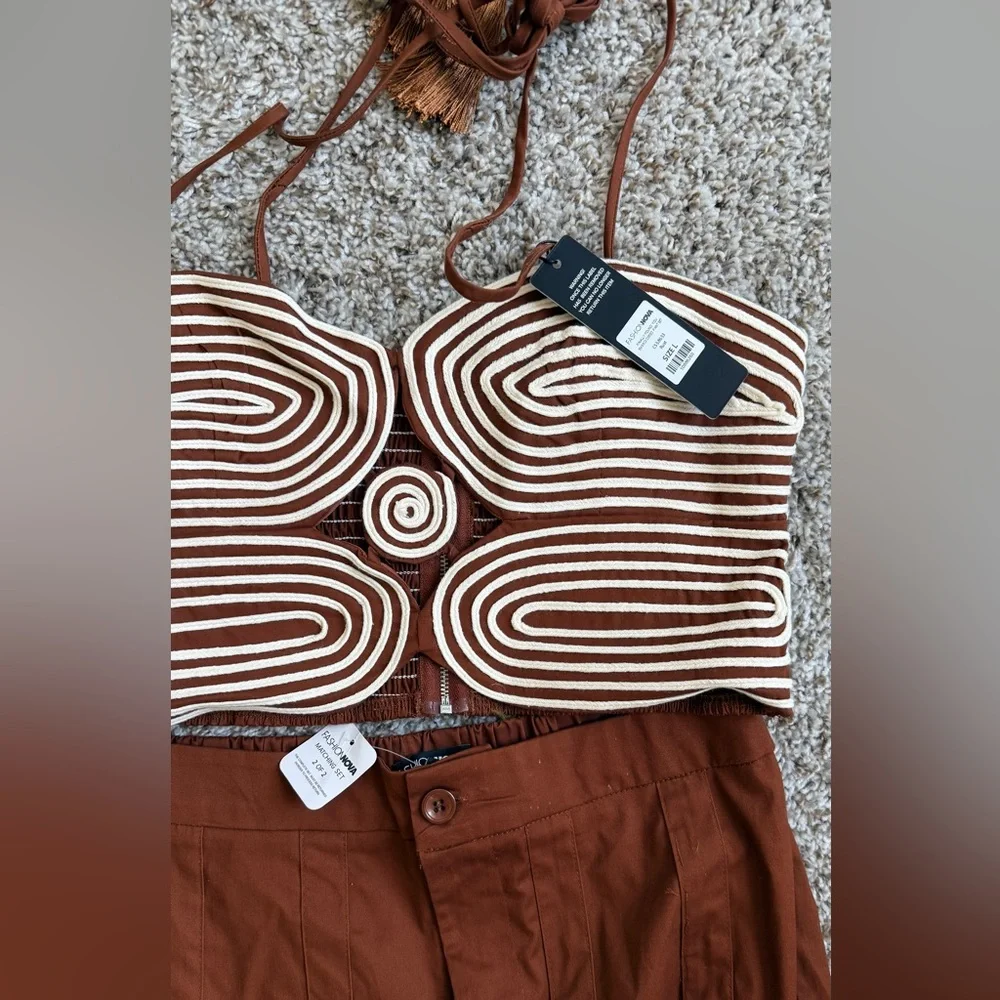 Women's High-Waist Wide Leg Pants Set- Brown - Picture 3 of 6